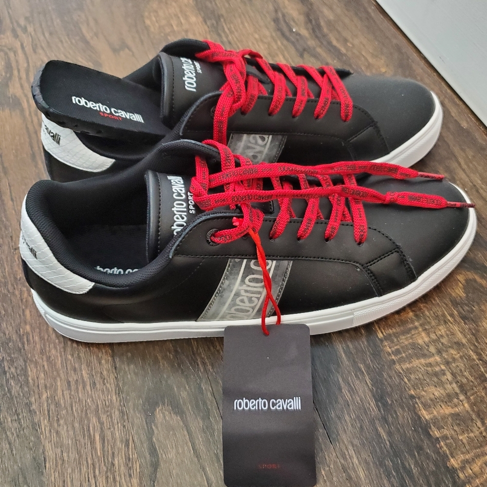 Roberto Cavalli Black Sneakers with Red Laces